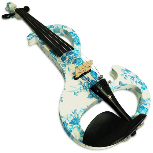 Kinglos 4/4 White Blue Flower Colored Solid Wood Intermediate-A Electric / Silent Violin Kit with Ebony Fittings Full Size